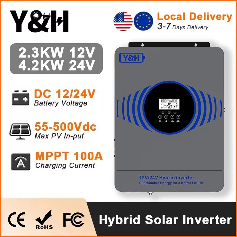 New Y&H 2.3KW 4.2KW Hybrid Solar Inverter 12V 24V to AC220V Off Grid Pure Sine Inverter Dual Output with MPPT 100A Solar Charger PRIME RJ SOLAR PH