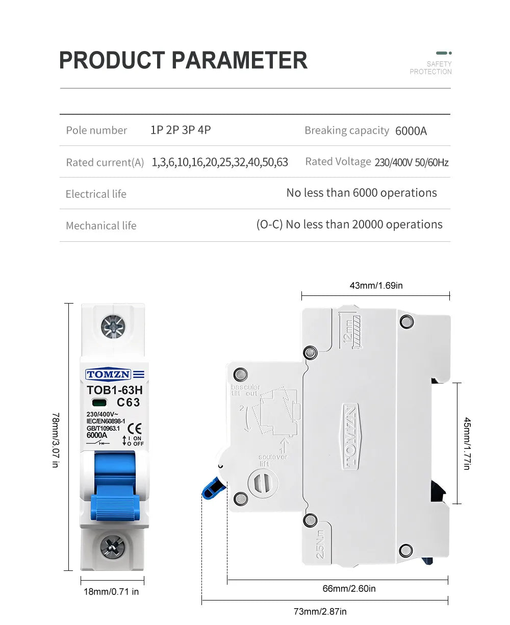 TOMZN TOB1-63H AC MCB Mini Circuit Breaker C Curve 1P 2P 3P 4P 3A 6A 10A 16A 20A 25A 32A 40A 50A 63A 230/400V 50/60Hz CE