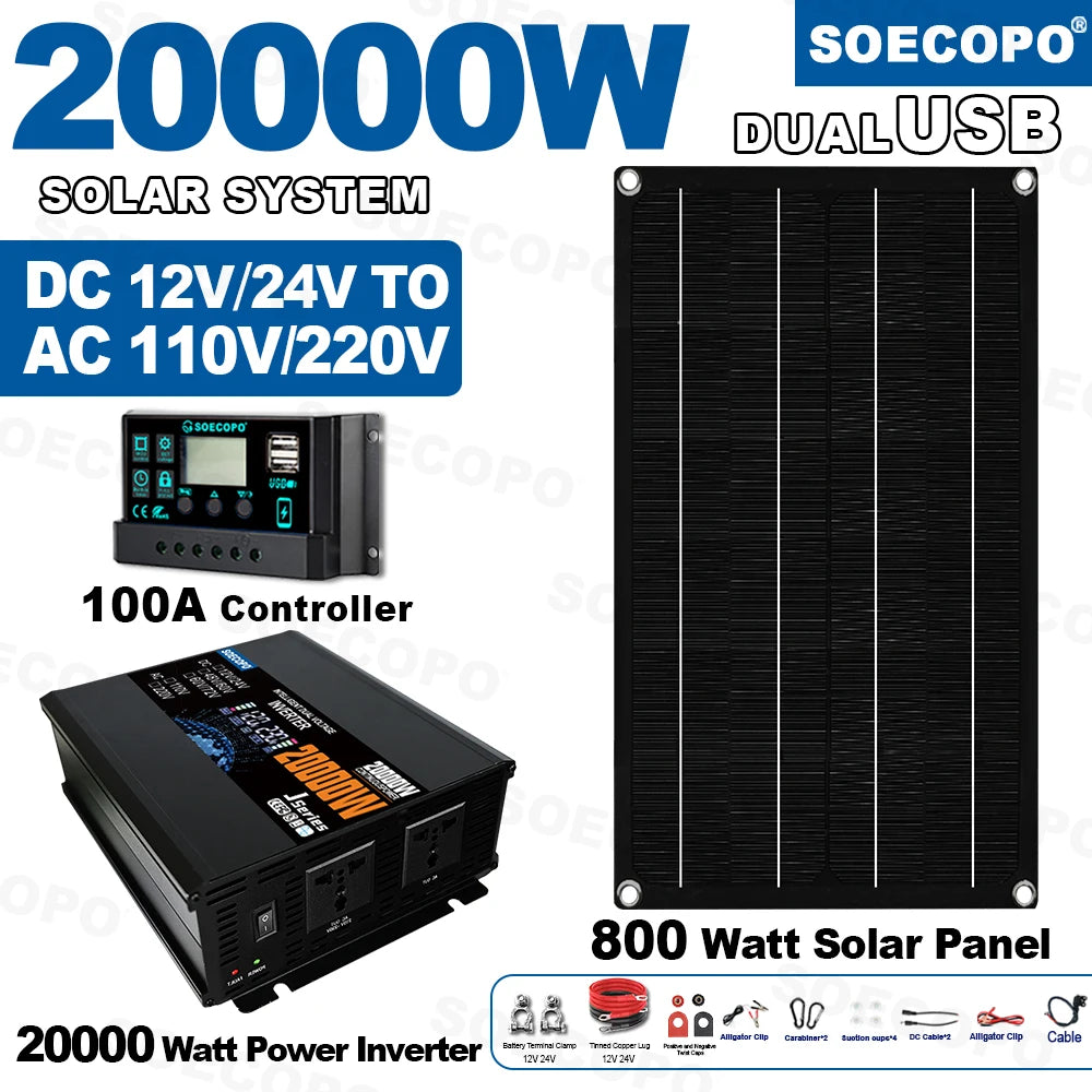 10000W Solar System Complete Kit Dual12V/24V To 110V/220V100A Controller 800W Panel Off-Grid Inverter for Home/Camping Backup