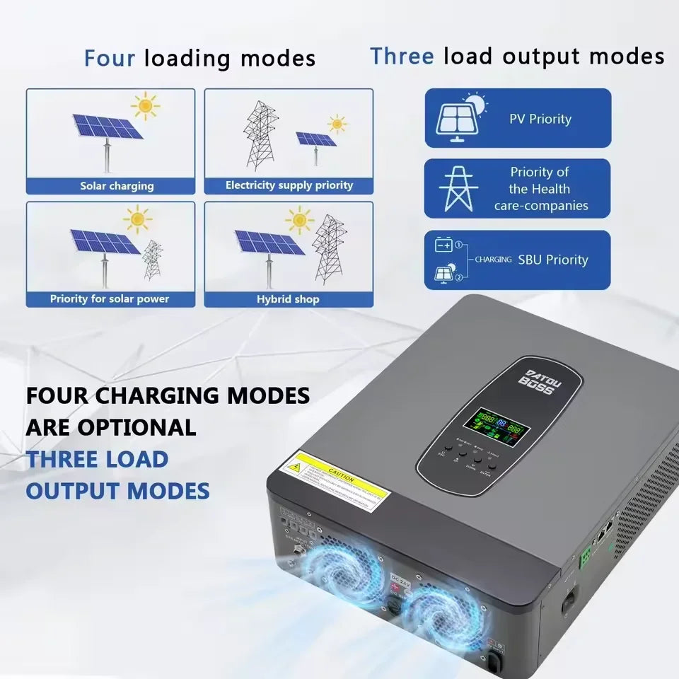 DATOUBOSS Solar Hybrid Inverter 3000W 24v to 220v Pure Sine Converter LCD Display Remote Control MPPT 55-450V DC 50/60Hz Inverte