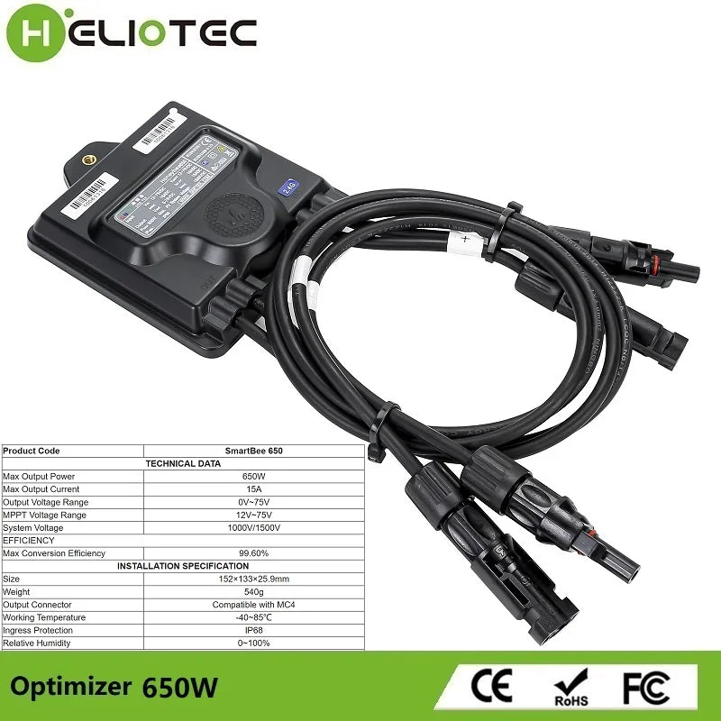 HELIOTEC 650W PV Power Optimizer MPPT 12V-75V Input Ip68 Real-time Solar Panel Monitoring Voltage-Limiting Anti-Hotspot PRIME RJ SOLAR PH