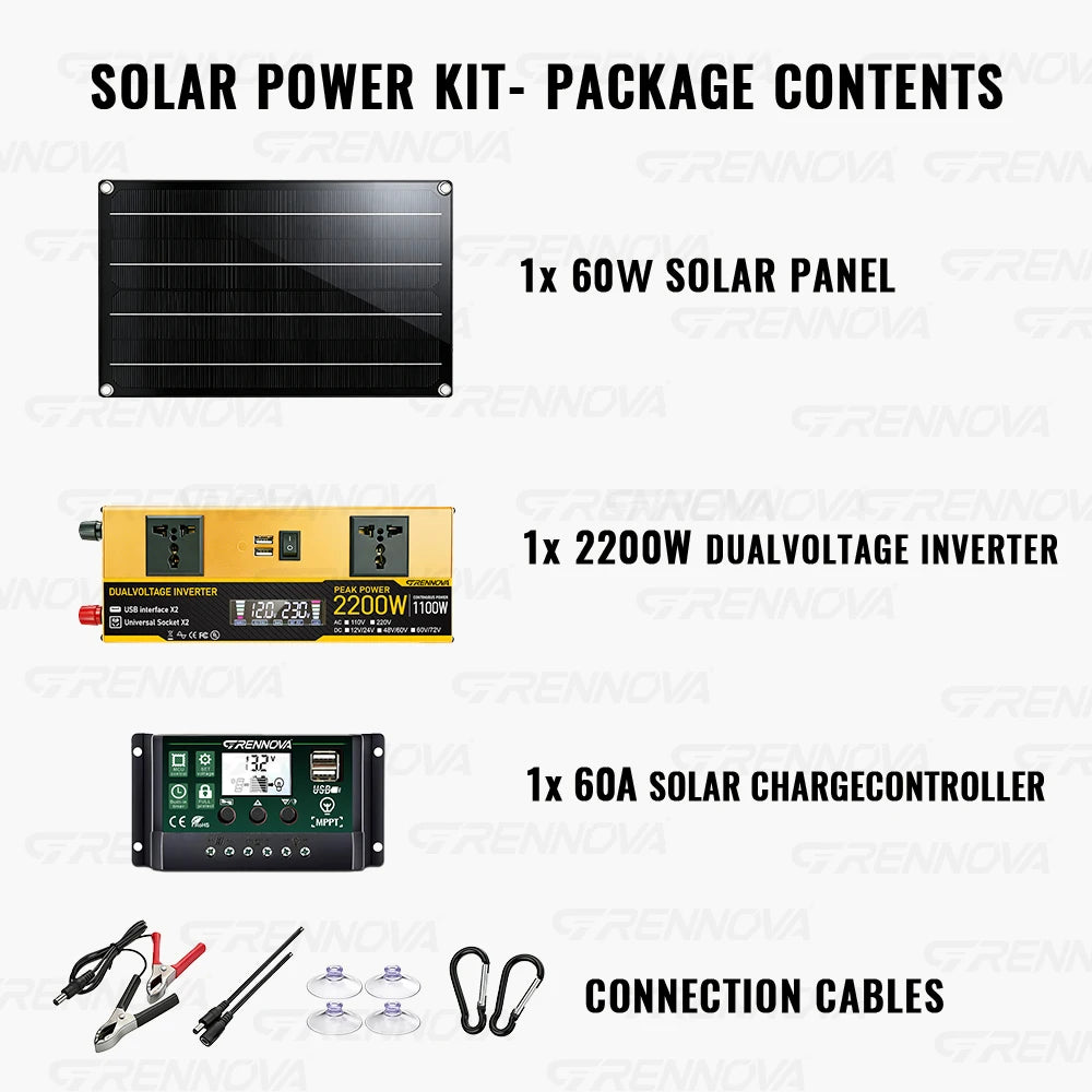 Dual Voltage Solar Kit 60W Panel 60A Controller Dual Inverter (Peak 2200W Continuous 1100W) 12V/24V To 110V/220V for Balcony RV PRIME RJ SOLAR PH