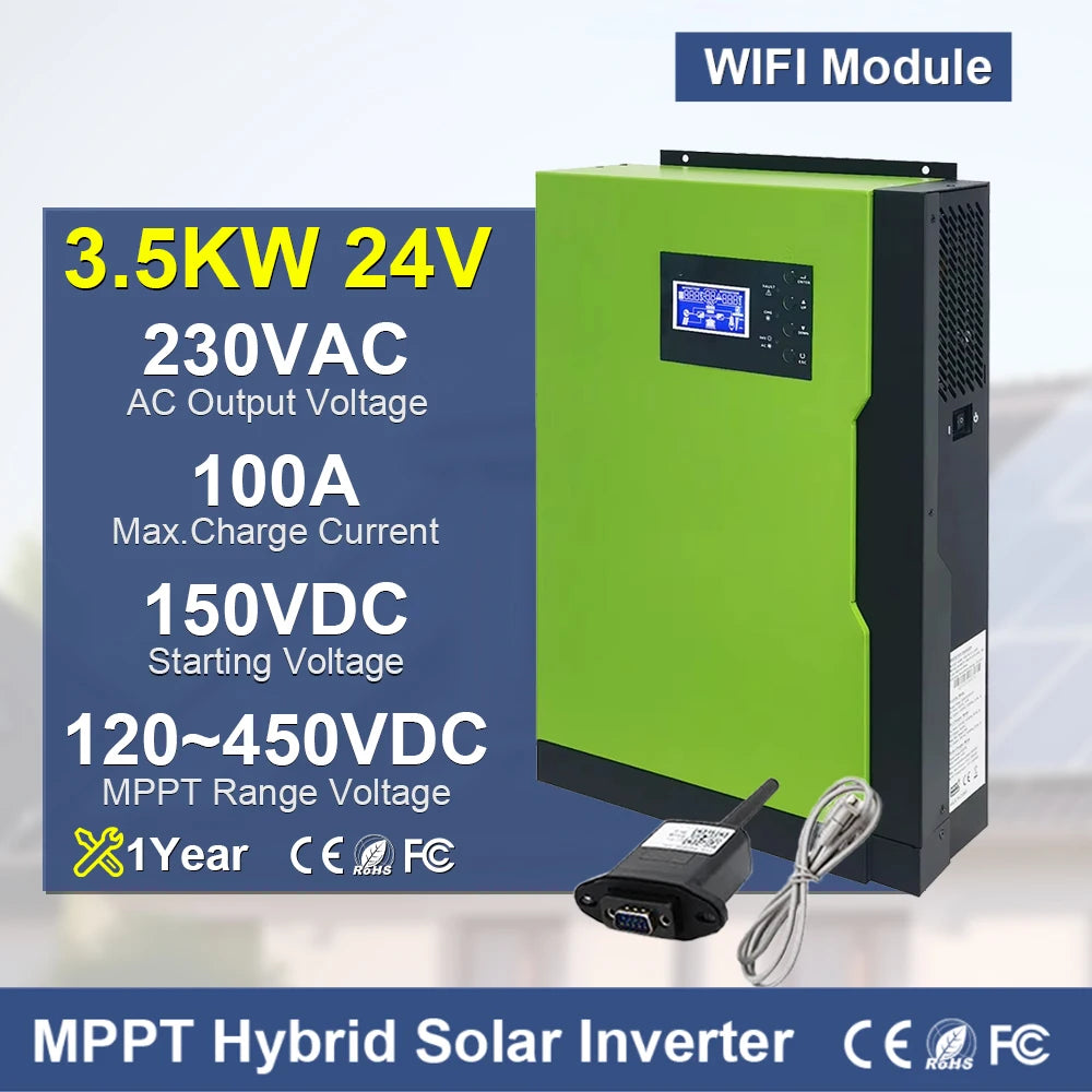 Solar Invert 3.5KW AC 220V DC 24VDC MPPT 110A 500VDC PV Input Pure Sine Wave Hybrid Invert 3500W with WIFI