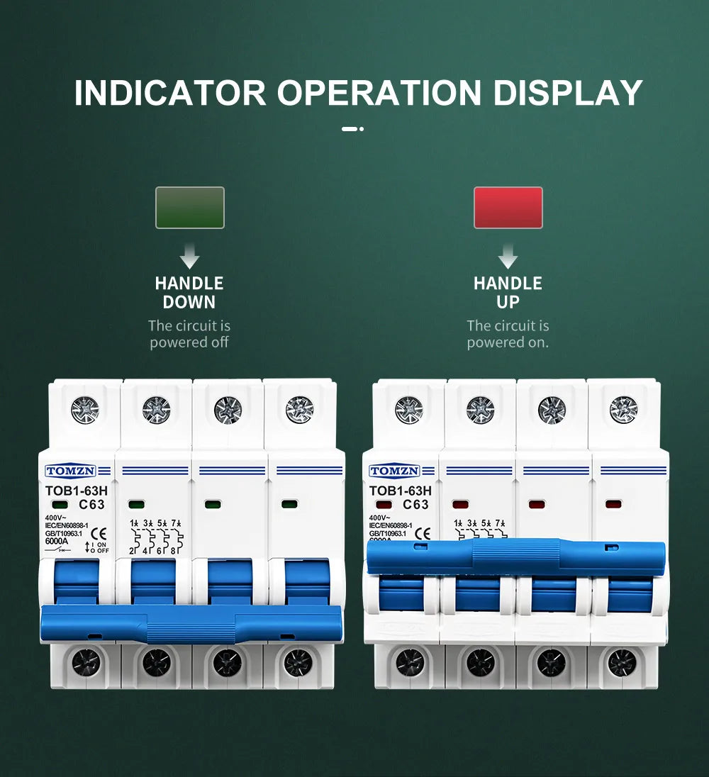 TOMZN TOB1-63H AC MCB Mini Circuit Breaker C Curve 1P 2P 3P 4P 3A 6A 10A 16A 20A 25A 32A 40A 50A 63A 230/400V 50/60Hz CE
