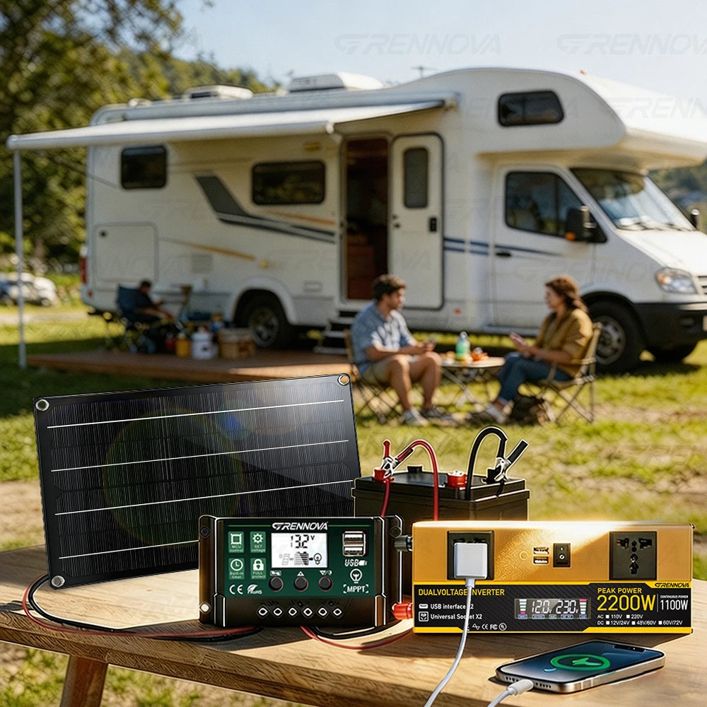 Dual Voltage Solar Kit 60W Panel 60A Controller Dual Inverter (Peak 2200W Continuous 1100W) 12V/24V To 110V/220V for Balcony RV