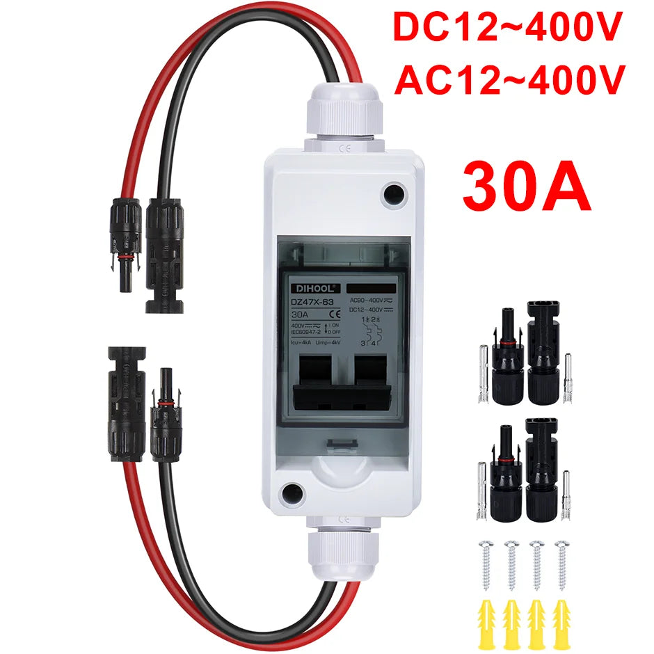 Solar Panel Disconnect Switch 30A /15Amp DC-AC 400V Circuit Breaker With IP65 Distribution Box Short Circuit Overload Protection