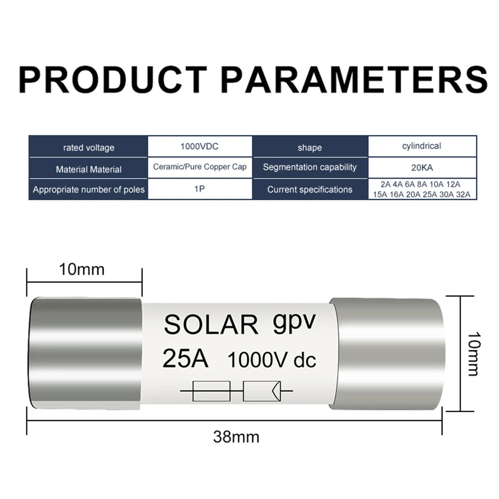 DC PV Fuse 1000V High Voltage For Solar System Short Circuit Protection 1A 2A 3A 4A 5A 6A 8A 10A 15A 20A 25A 30A 32A PRIME RJ SOLAR PH