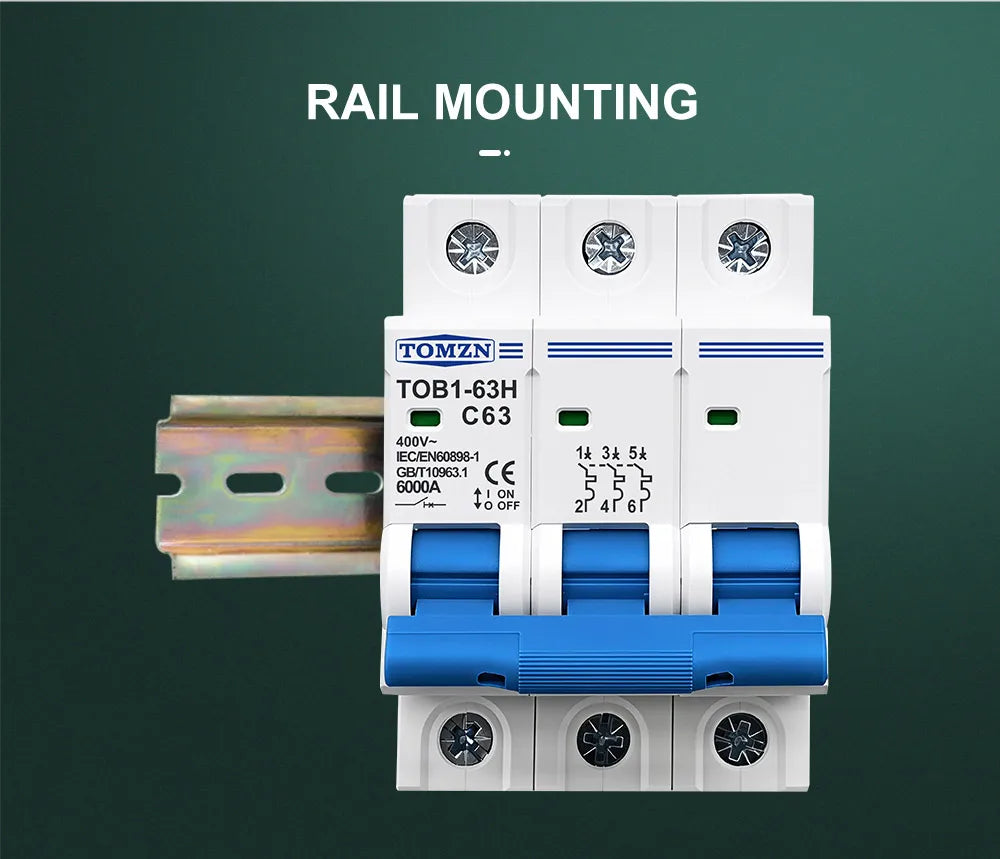 TOMZN TOB1-63H AC MCB Mini Circuit Breaker C Curve 230V 400V 1P 2P 3P 4P 3A 6A 10A 16A 20A 25A 32A 40A 50A 63A 50Hz 60Hz CE