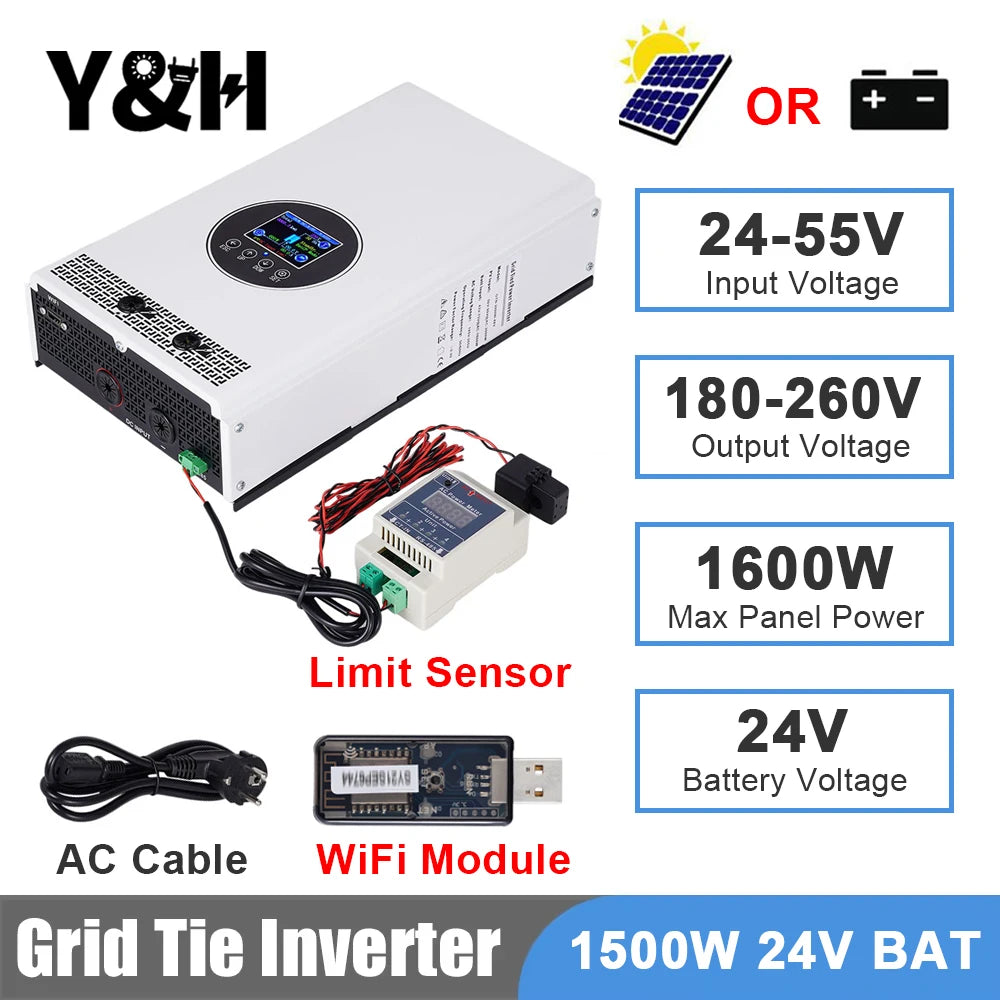Y&H 2000W 1500W Grid Tie Inverter Input 55-99V/24-55V Output AC230V Pure Sine Wave Battery Discharge Mode Optional Limiter/WiFi