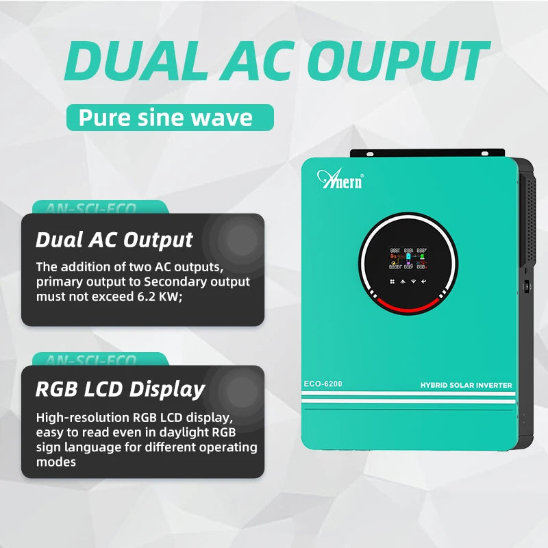 Anern Hybrid Solar Inverter Power 10.2KW 6.2KW 4.2KW 24/48V 220V Off Grid Pure Sine Wave Bult-in 160/140A MPPT Charge Controller
