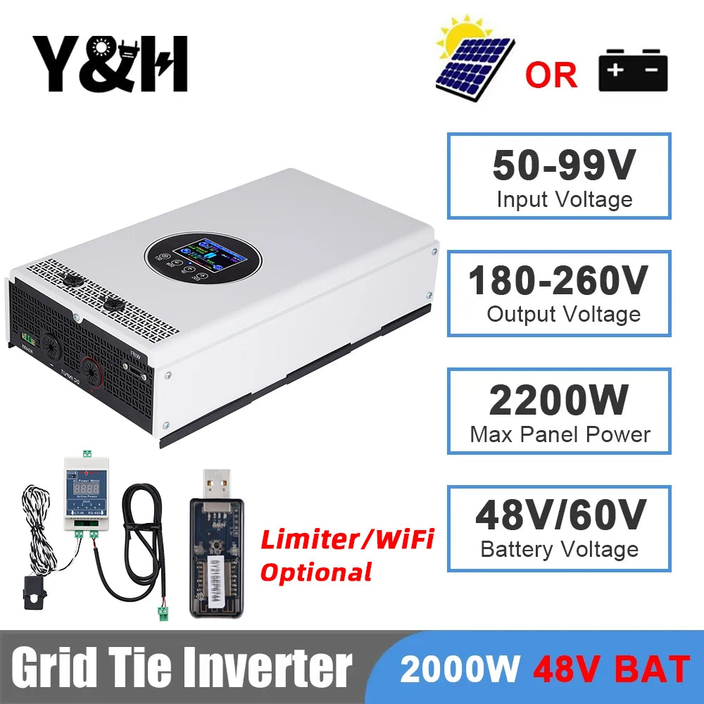 Y&H 2000W 1500W Grid Tie Inverter Input 55-99V/24-55V Output AC230V Pure Sine Wave Battery Discharge Mode Optional Limiter/WiFi