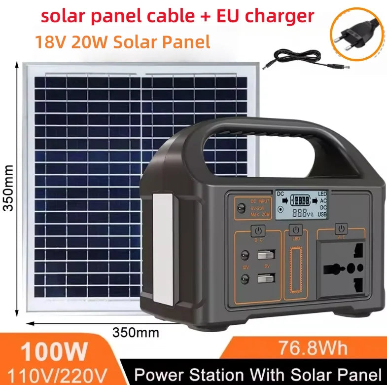 100W 24000mAh Portable Power Station, Solar Generator with 76.8Wh LiFePo4 Batteries, 110V/220V Output, LED, Energy Storage Suppl