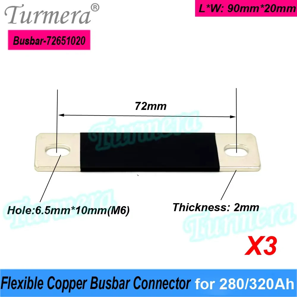 Turmera 12V Busbar Lifepo4 Battery Copper Connecter 50mm 56mm 72mm 80mm 2mm 300A Use in 100Ah 230Ah 280Ah 320Ah Lifepo4 Battery