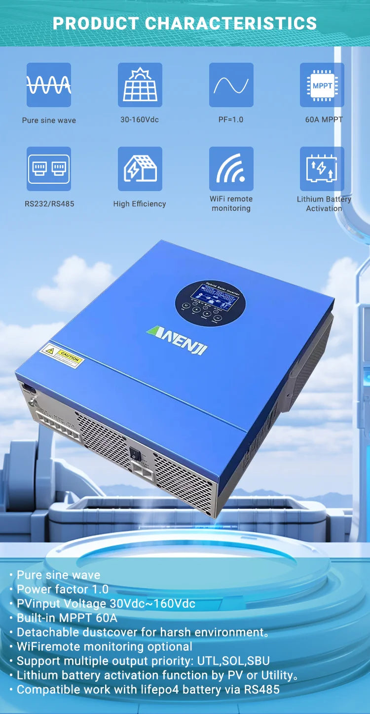 2KW 12V Hybrid Solar Inverter 230VAC Off-Grid Pure Sine Wave MPPT 60A Photovoltaic Inversor PV 30-160VDC Solar Charge Controller