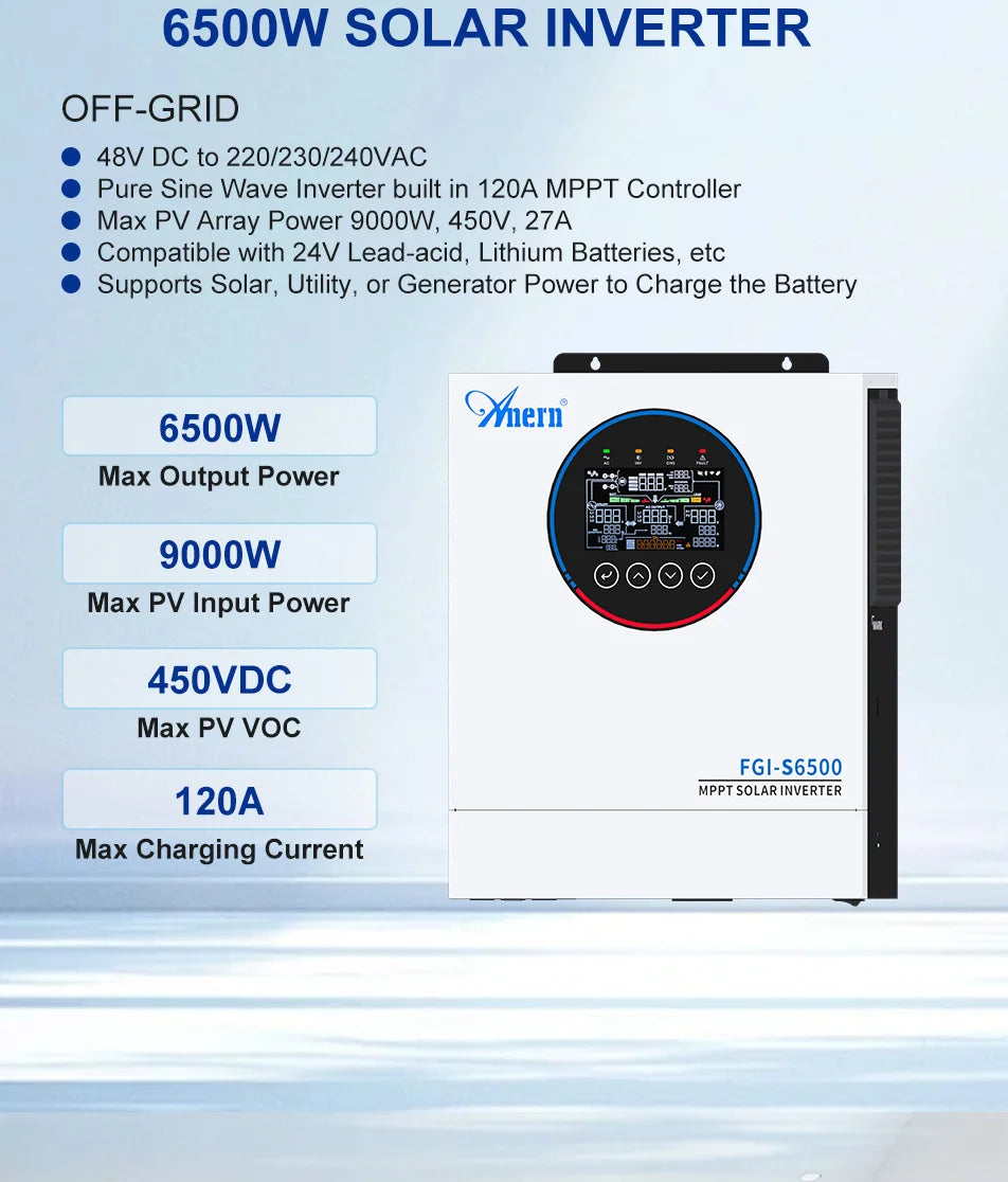 ANERN AN-SCI-ECO Hybrid Solar Inverter 3KW 4.2KW 5KW 6.2KW 6.5KW 24V 48V 220V 120A MPPT Off-Grid Inverter Controller