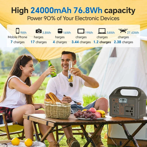 100W 24000mAh Portable Power Station, Solar Generator with 76.8Wh LiFePo4 Batteries, 110V/220V Output, LED, Energy Storage Suppl