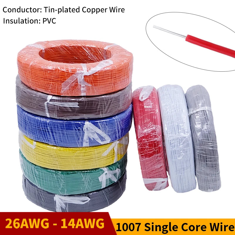 Copper Wire Single Core Cable 26 24 22 20 18 AWG PVC Insulation Solid Tinned Plated Cord Electric Line DIY LED Cable UL1007 Wire PRIME RJ SOLAR PH