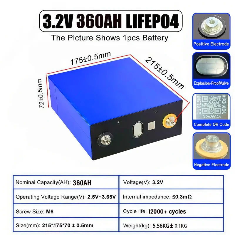 16pcs 3.2V 360Ah 340Ah 105Ah 100Ah Lifepo4 Battery Lithium Iron Phosphate Cell For 12v 24v RV Campers Golf Cart Battery Tax Free