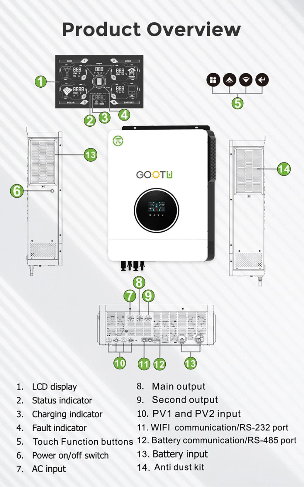 GOOTU 6.2KW/10.2KW Hybrid Solar Inverter Dual Output 24V/48V MPPT 160A Pure Sine Wave On/Off Grid for Home Power Supply