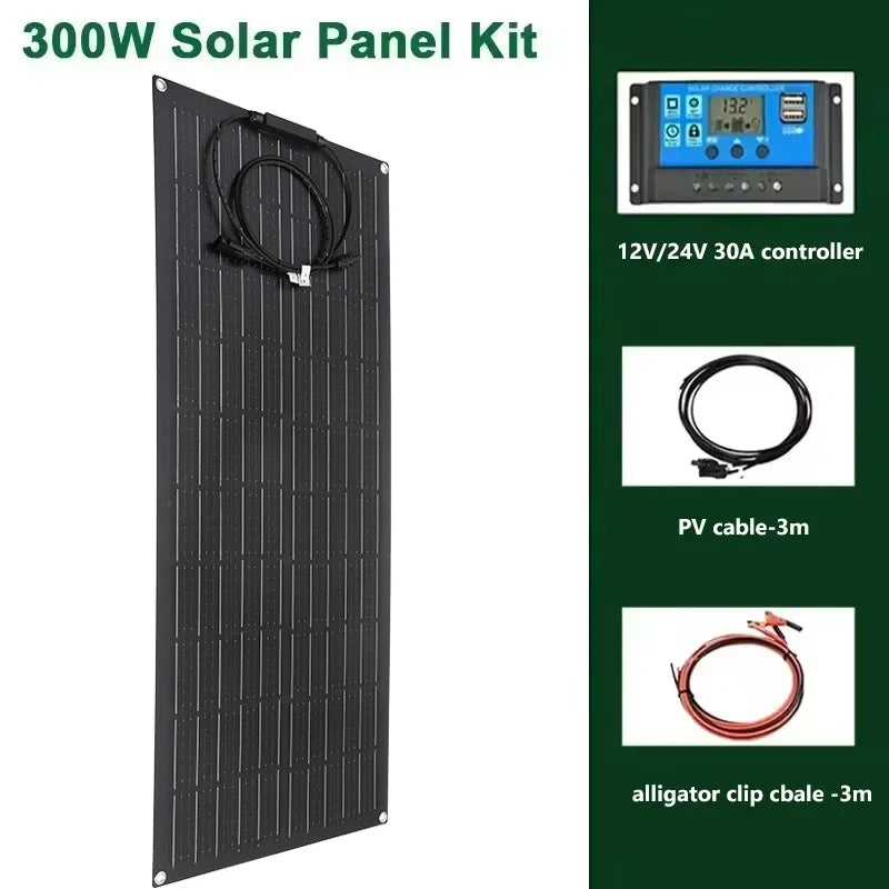 300W 600W Flexible Solar Panel 12V 24V Solar Charge Battery Kit with 30A/60A Contro0ller for Camping RV Home Solar Power Bank