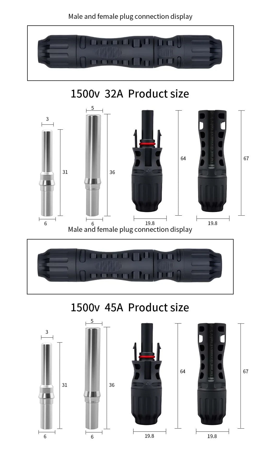 TOMZN 2 sets of PV Solar Connectors 1000V 1500V 32A 45A Panel Branch PV Photovoltaic Wire/Board Terminal Box Inverter IP67 10LOT PRIME RJ SOLAR PH
