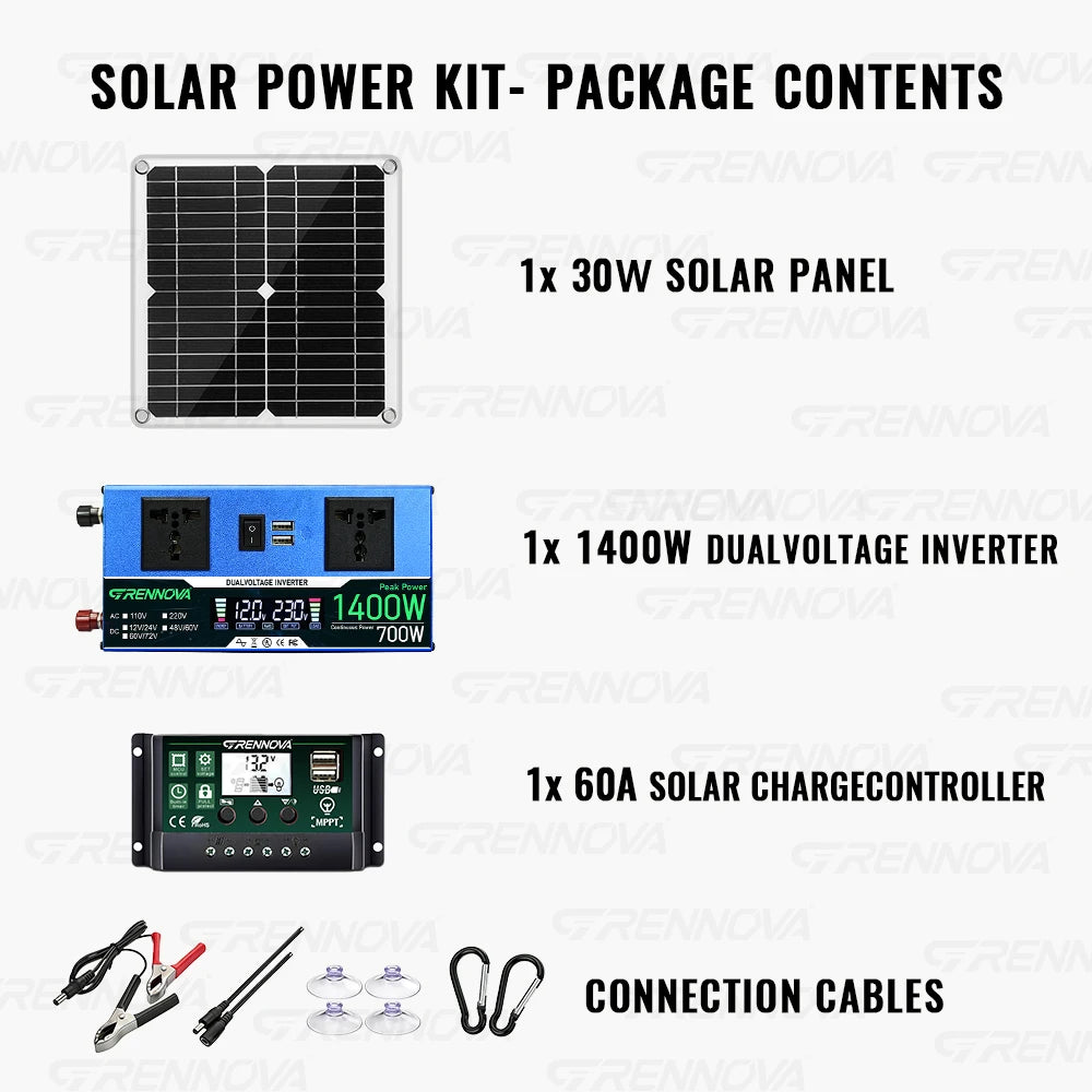 30W Solar Panel System with 1400W Peak Inverter (continuous Power 700W ) | 60A Controller DC 12/24V To 110V/220V for Camping Rv