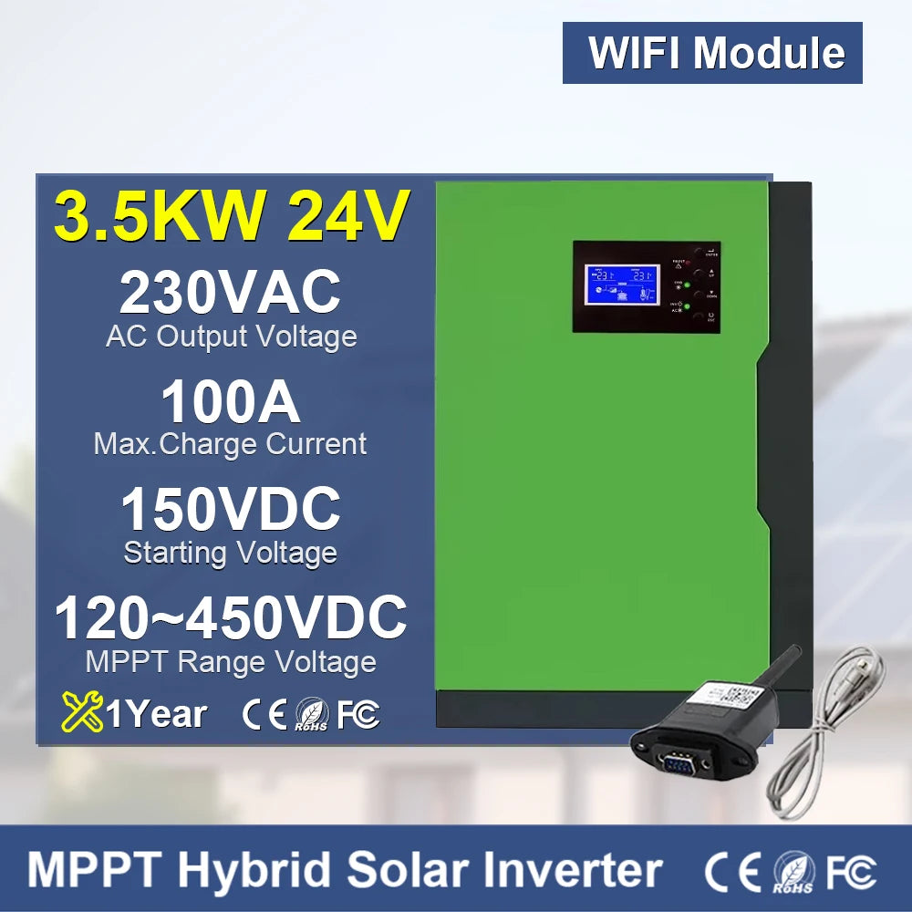 Solar Invert 3.5KW AC 220V DC 24VDC MPPT 110A 500VDC PV Input Pure Sine Wave Hybrid Invert 3500W with WIFI