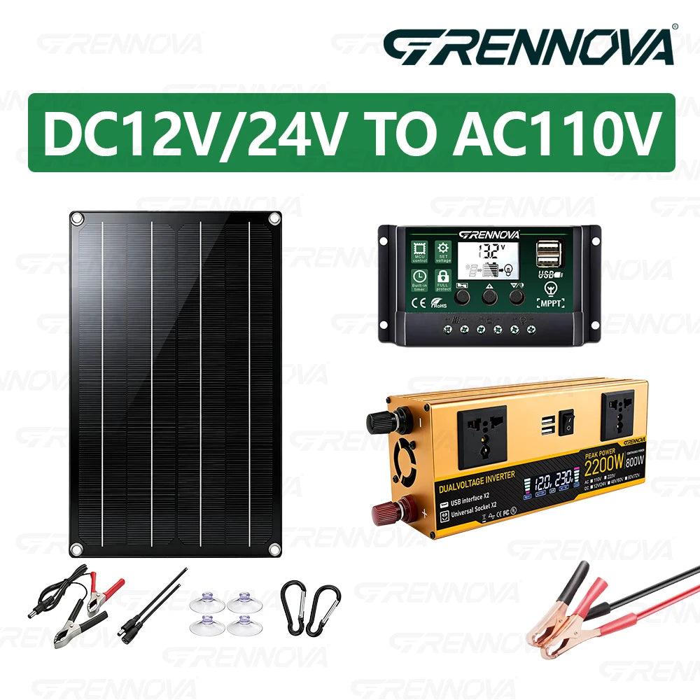 Dual Voltage Solar Kit 60W Panel 60A Controller Dual Inverter (Peak 2200W Continuous 1100W) 12V/24V To 110V/220V for Balcony RV