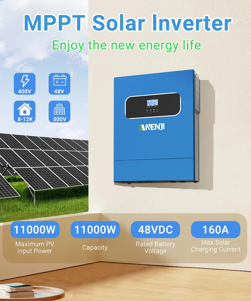 11KW Hybrid Solar Inverter 48V MPPT Photovoltaic On/Off Grid Inverter 220VAC PV 500V Built-in 160A Solar Charge Controller