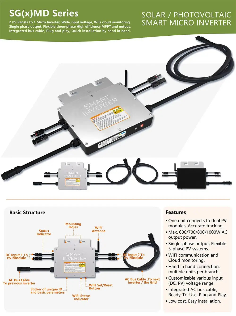 PV Input Voltage 20~60V AC Output 110V/230V Auto 600W/700W/800W/1000W Micro Solar Grid Tie Inverter With WIFI Monitor PRIME RJ SOLAR PH