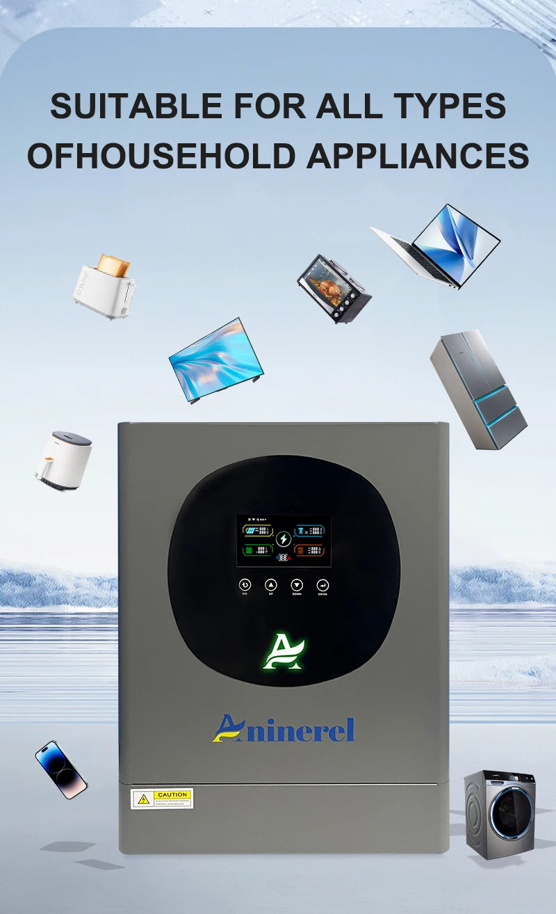 ANINEREL 11kW 6.2kW 48V Hybrid Solar Inverter Dual Output Dual Input Color LCD MPPT 160A 120A PV 500VDC Solar Controller