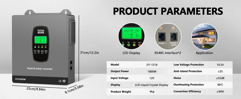 DATOUBOSS Solar Hybrid Inverter 1800W 12V Built in MPPT Charge Controller for Home Use RV Camping Off Grid Power Supply