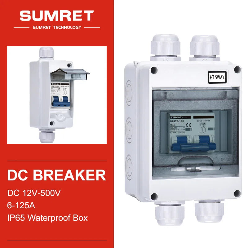 PV DC 12V 24V 500V Circuit Breaker Solar Battery Inverters 2P MCB 16A 40A 63A 100A 125A With IP65 Waterproof Box Case Enclosure PRIME RJ SOLAR PH