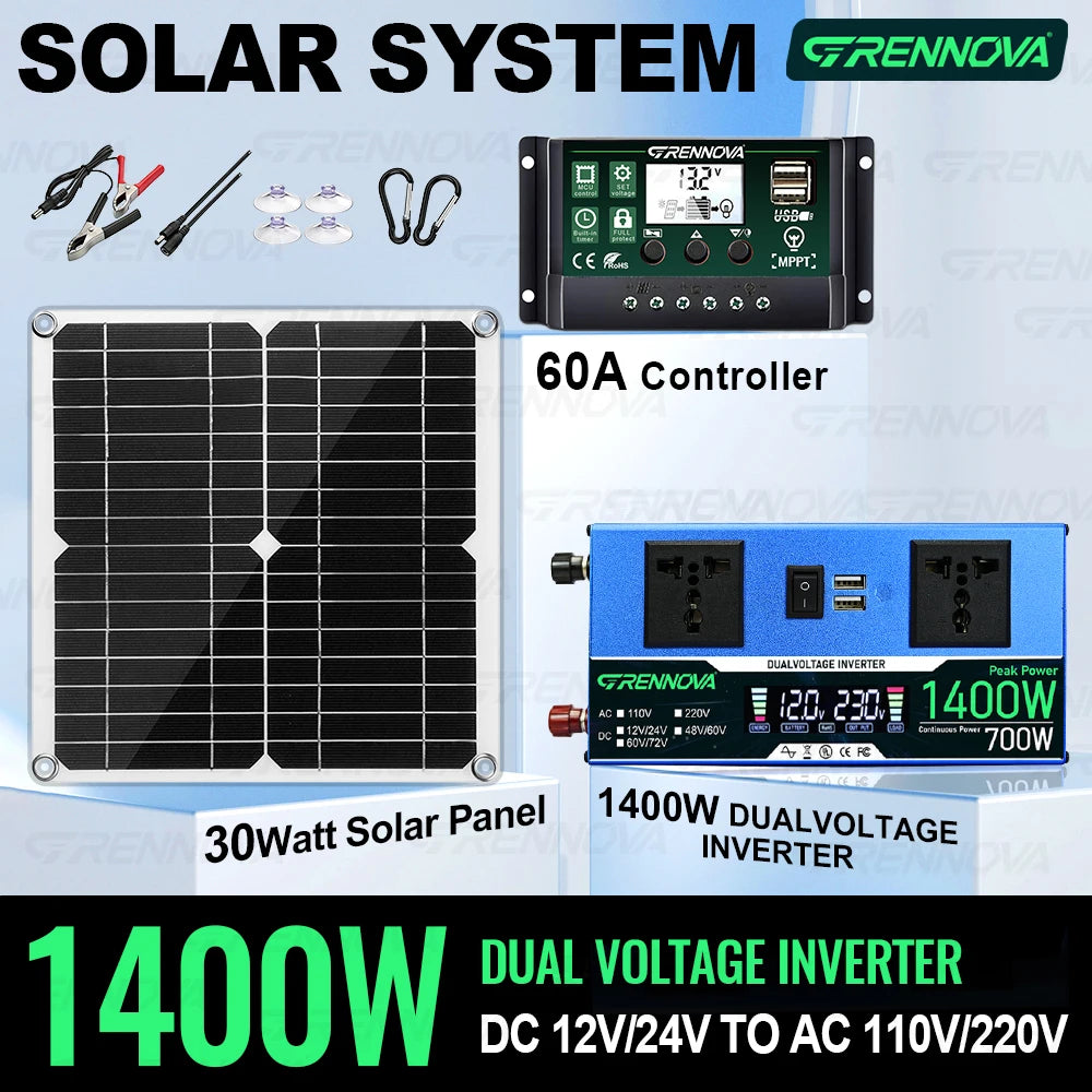 30W Solar Panel System with 1400W Peak Inverter (continuous Power 700W ) | 60A Controller DC 12/24V To 110V/220V for Camping Rv