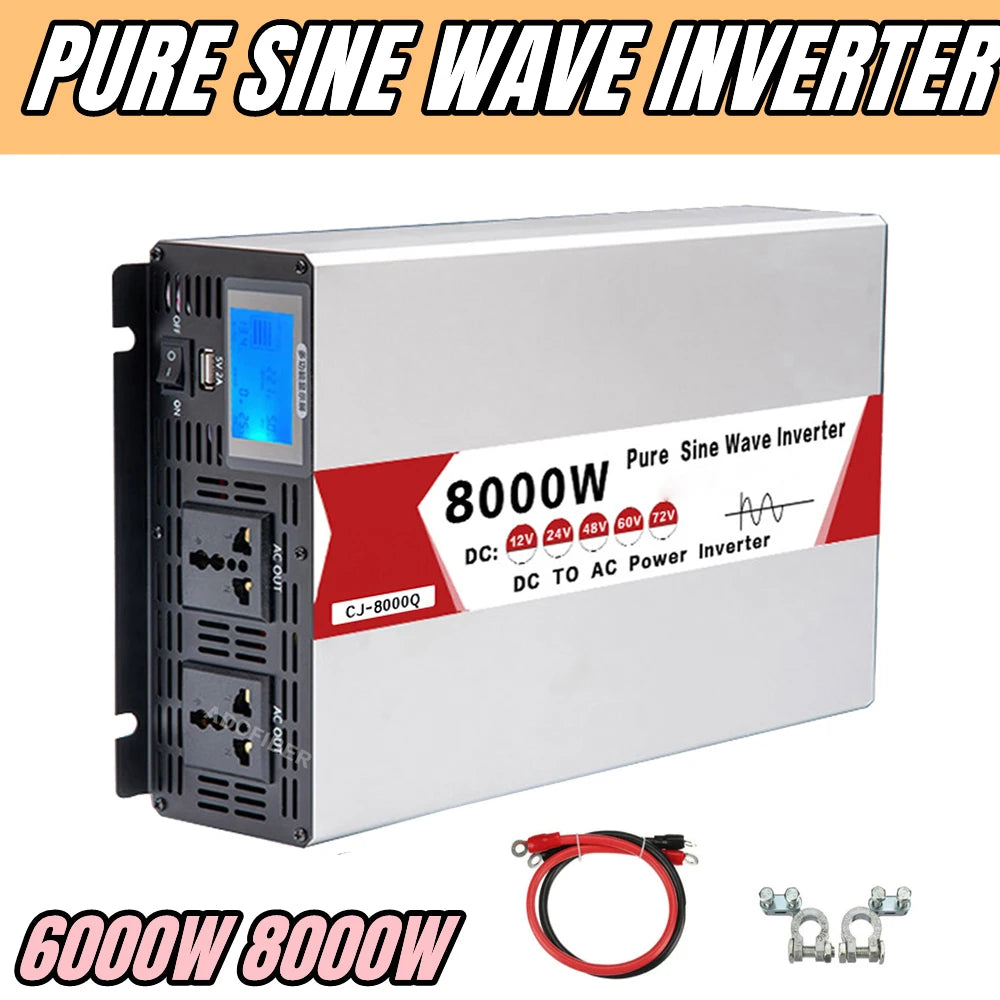 Pure Sine Wave Power Inverter 6000W 8000W DC 12V 24V 48V 60V 72V to AC 220V 60Hz Frequency Converter Dual Socket USB CE