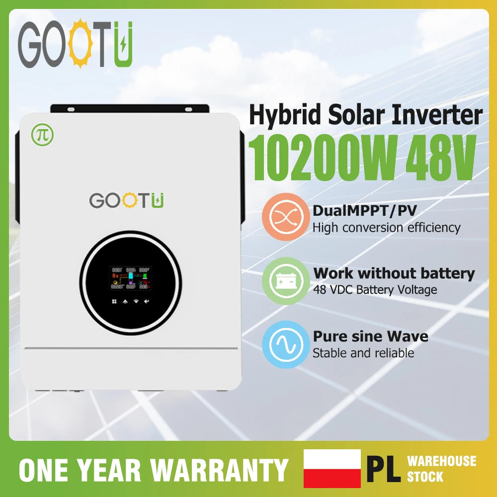 GOOTU 6.2KW/10.2KW Hybrid Solar Inverter Dual Output 24V/48V MPPT 160A Pure Sine Wave On/Off Grid for Home Power Supply