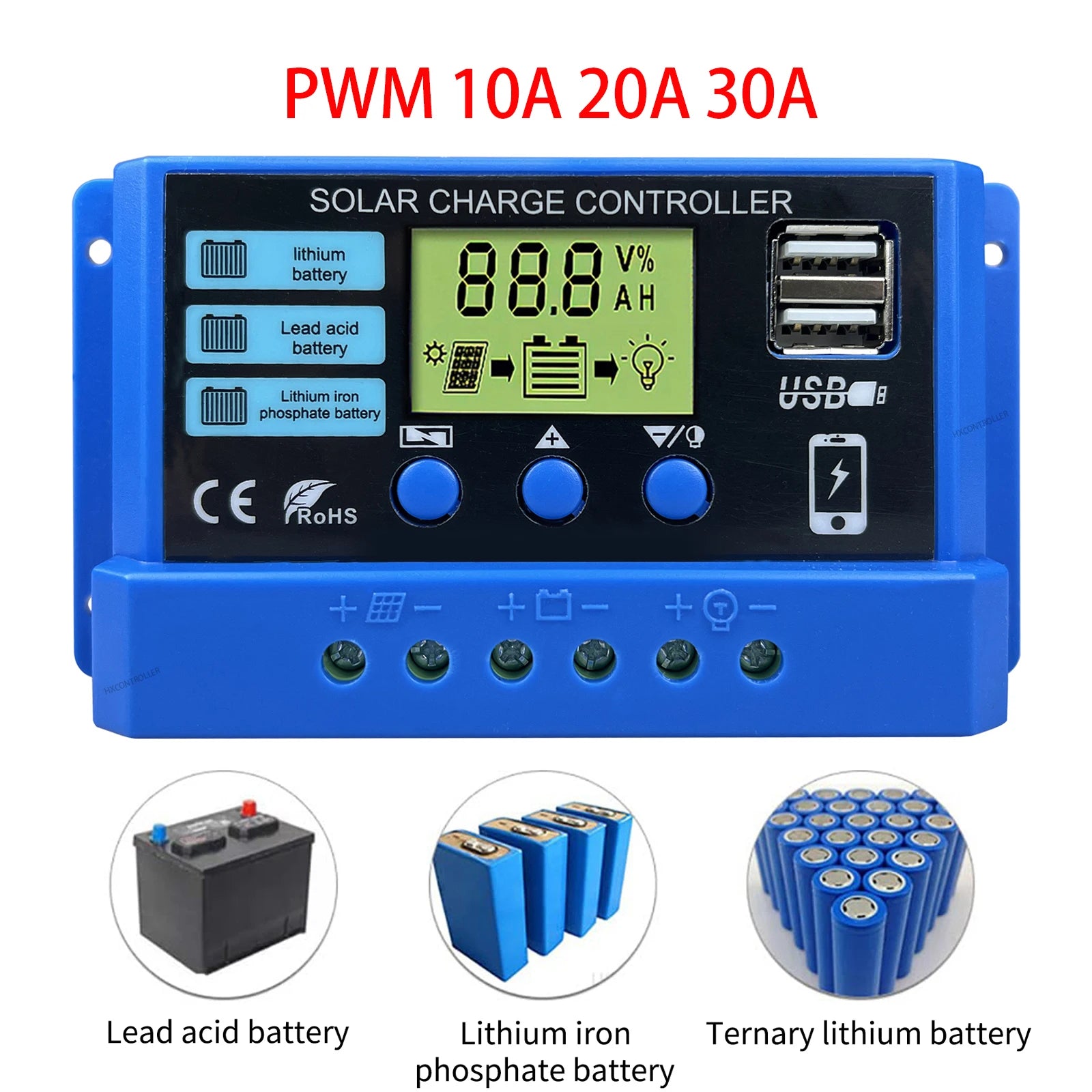 HXCONTROLLER 10A 20A 30A Solar Charge Controller 12V 24V 50VDC LiFePO4 Lithium Lead Acid Battery CE FCC RoHS 24h Fast Shipping