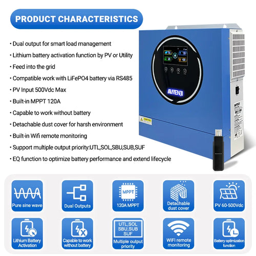 4.2KW 24V Dual Output Hybrid Solar Inverter On-grid/Off-grid Pure Sine Wave 50Hz Built-in Wifi & 100A MPPT For PV 500V BMS RS485