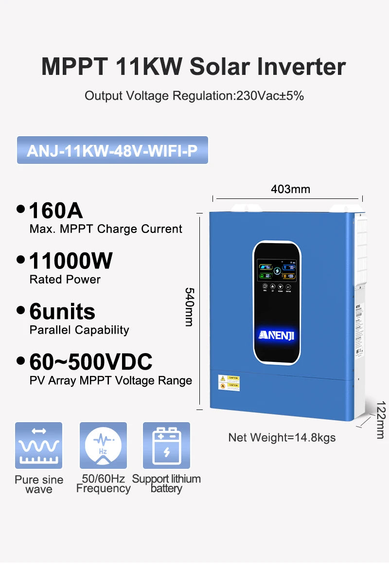 11KW Hybrid Solar Inverter 48V MPPT Photovoltaic On/Off Grid Inverter 220VAC PV 500V Built-in 160A Solar Charge Controller