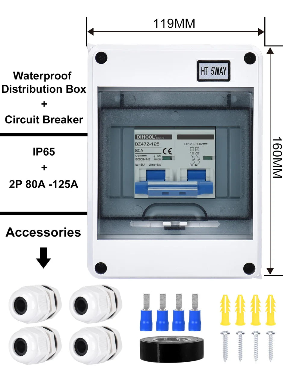 PV DC 12V 24V 500V Circuit Breaker Solar Battery Inverters 2P MCB 16A 40A 63A 100A 125A With IP65 Waterproof Box Case Enclosure PRIME RJ SOLAR PH