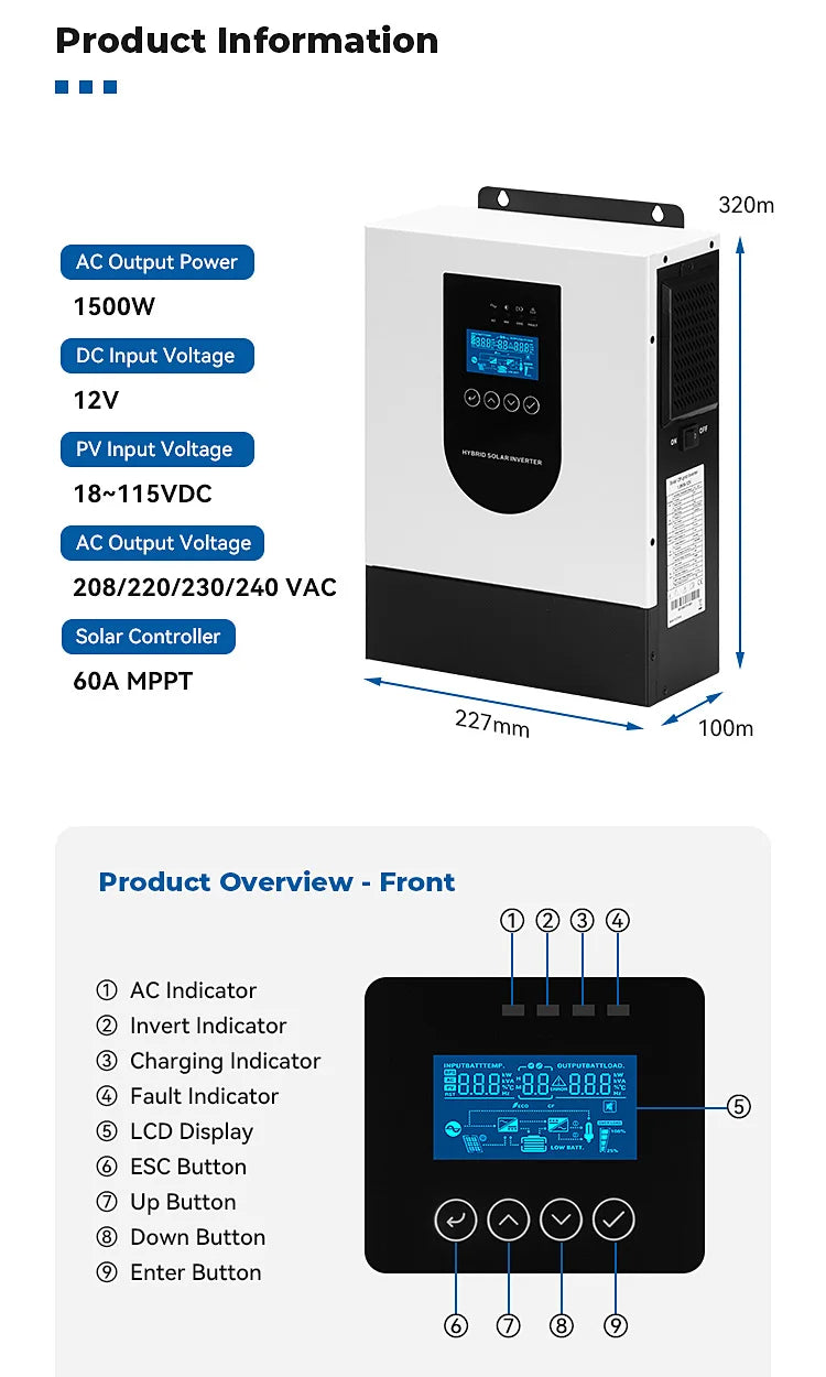 1.5KW hybrid solar inverter 12v off-grid AC string inverter Automatic 60HZ single-phase solar inverter