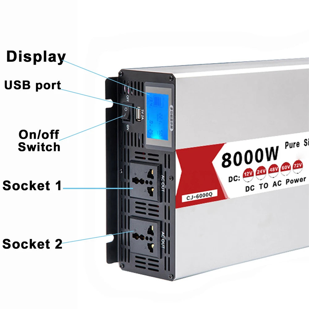Pure Sine Wave Power Inverter 6000W 8000W DC 12V 24V 48V 60V 72V to AC 220V 60Hz Frequency Converter Dual Socket USB CE