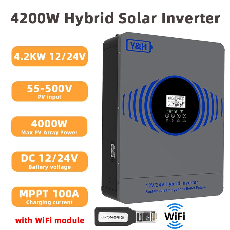 New Y&H 2.3KW 4.2KW Hybrid Solar Inverter 12V 24V to AC220V Off Grid Pure Sine Inverter Dual Output with MPPT 100A Solar Charger PRIME RJ SOLAR PH