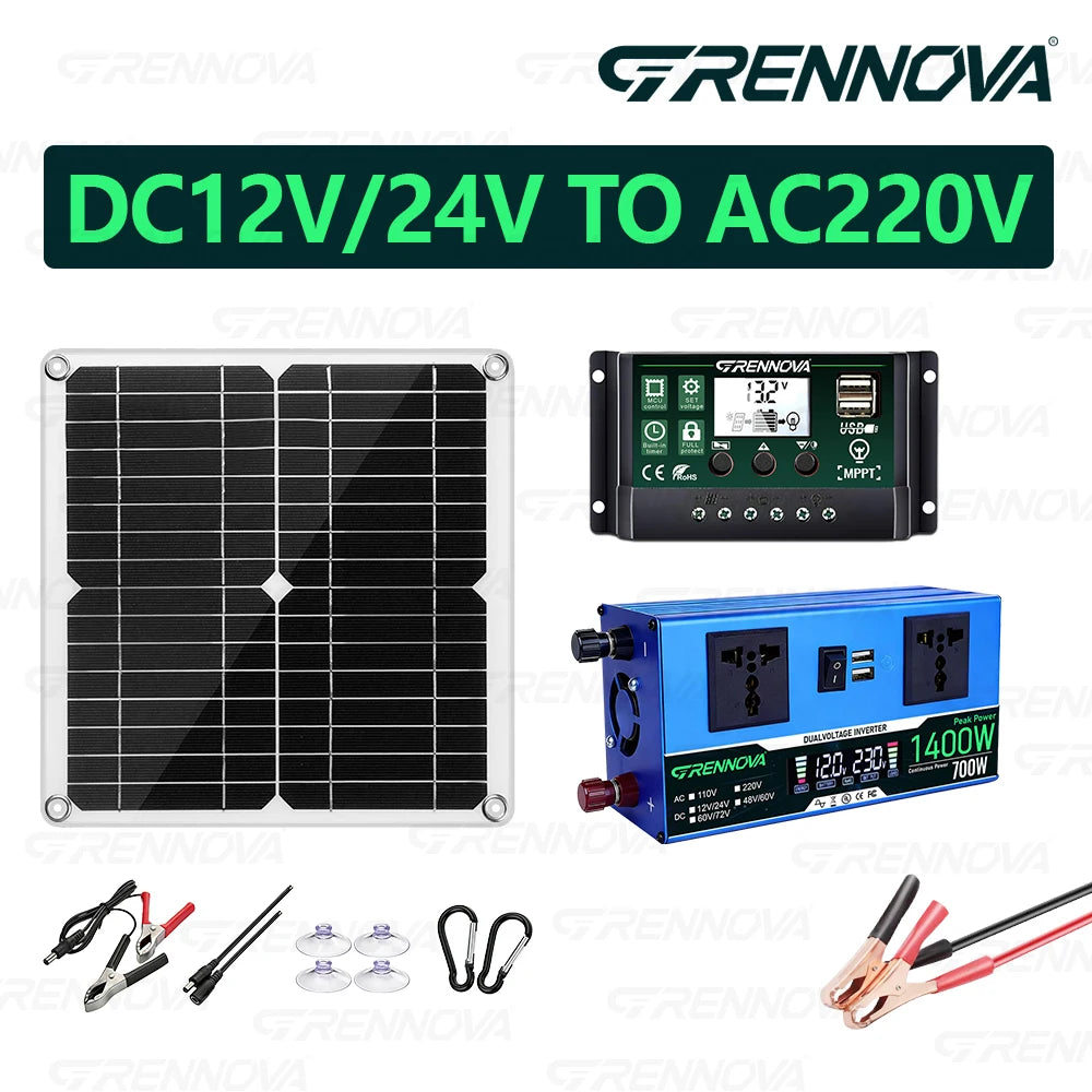 30W Solar Panel System with 1400W Peak Inverter (continuous Power 700W ) | 60A Controller DC 12/24V To 110V/220V for Camping Rv