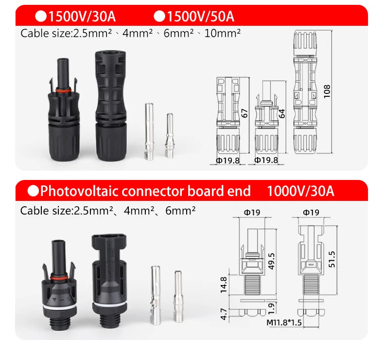 Solar Connectors Waterproof IP68 Solar Panel 1500V 30A/50A PV Plug Cable Male Female Photovoltaic Systems 2.5/4/6mm2 Cable Plug PRIME RJ SOLAR PH
