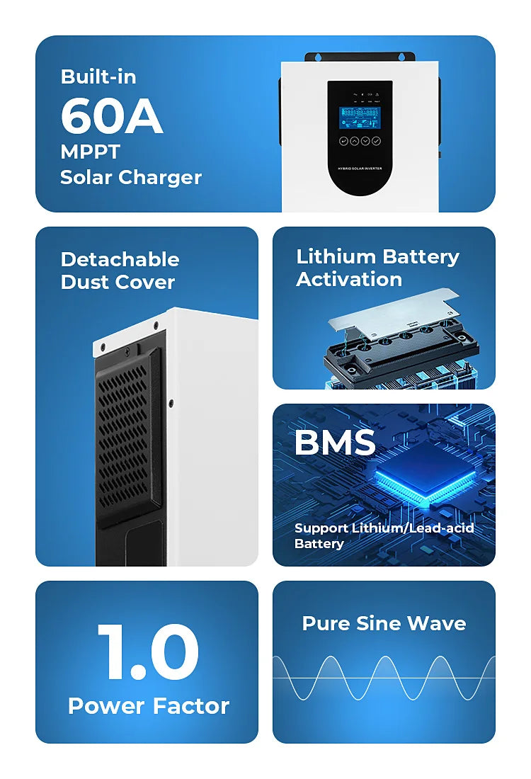 1.5KW hybrid solar inverter 12v off-grid AC string inverter Automatic 60HZ single-phase solar inverter