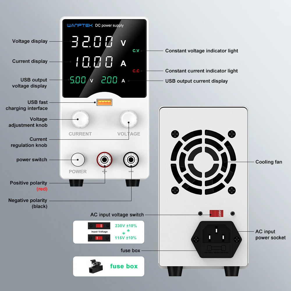 Wanptek DC Lab Power Supply 30V 60V 120V Adjustable Voltage Regulator Preset Voltage Current Dual Input Voltage 220V/110V