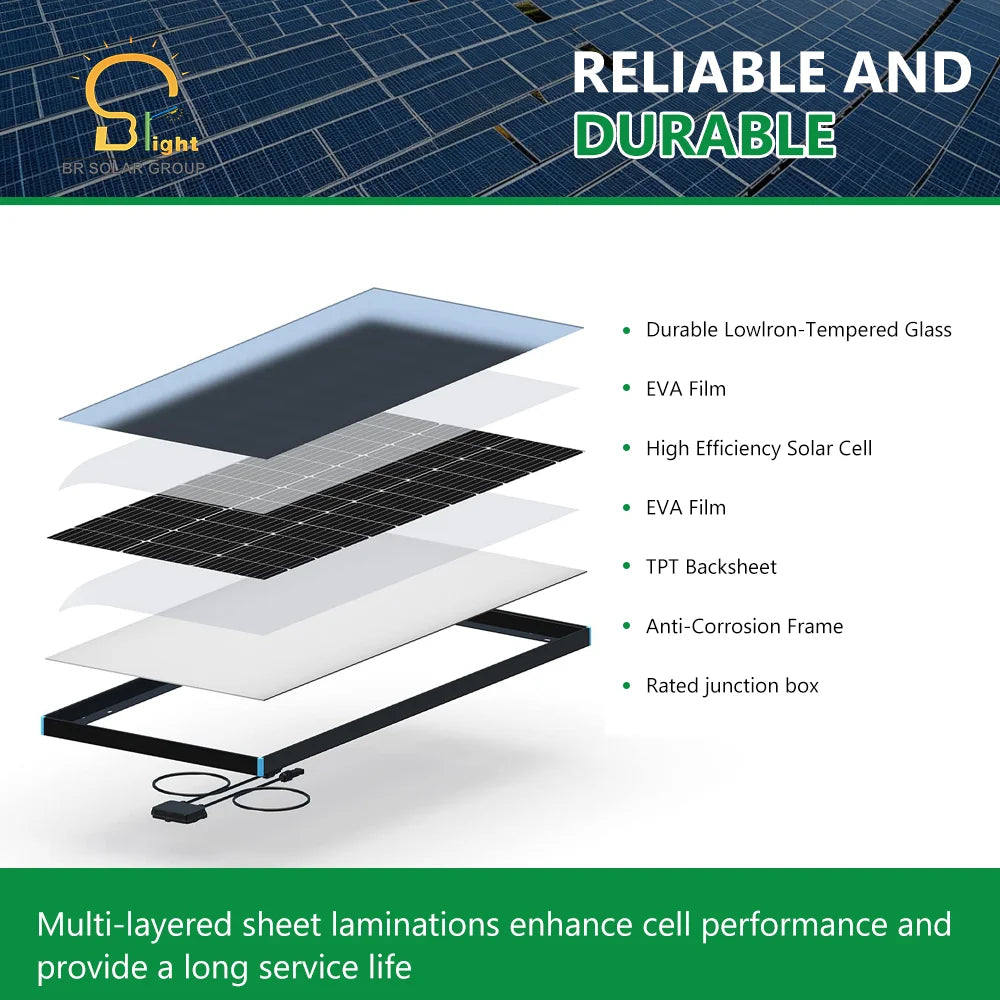 BR-550W Bifacial Mono Half Cell All Black Solar Panel 550W 600W 22% Efficiency CE RoHS ISO9001 IEC 25-Year Warranty Solar Farm