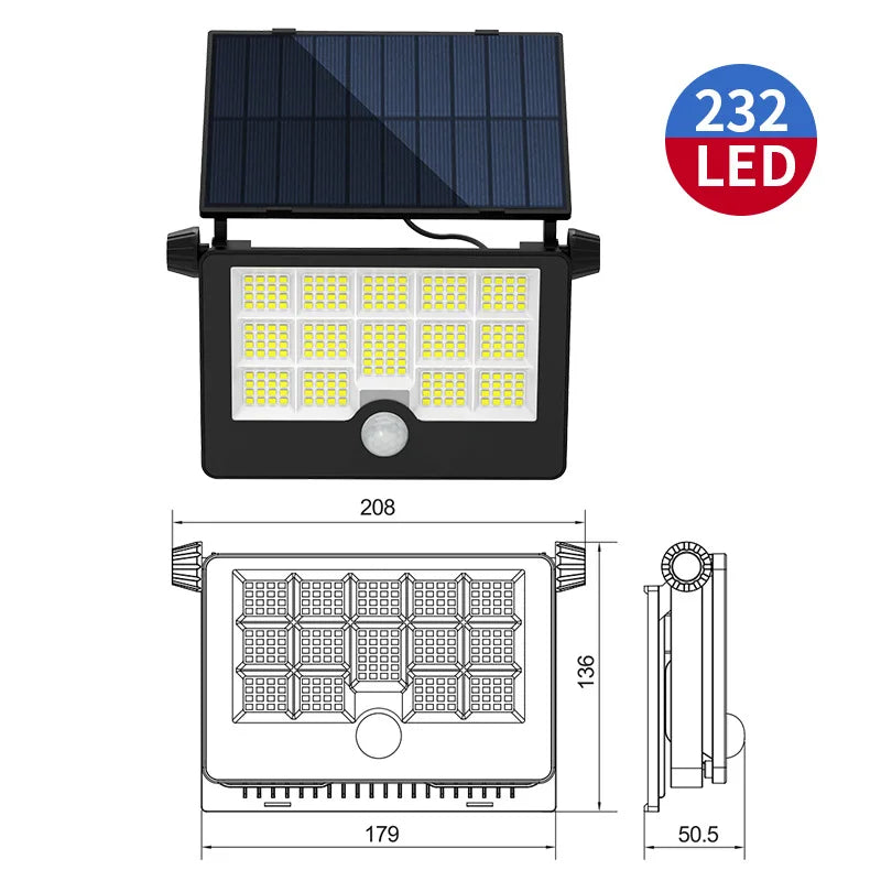 Solar Light Motion Sensor 232LED Ultra Bright Floodlight Waterproof Wall Lamp Adjustable Wide-Angle For Outdoor Garden Lights