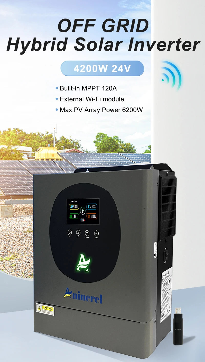 Aninerel 6.2KW 4.2KW 2KW 48V/24V/12V Hybrid Solar Inverter household Pure Sine Wave Inverter MPPT Solar Charge Controller WIFI